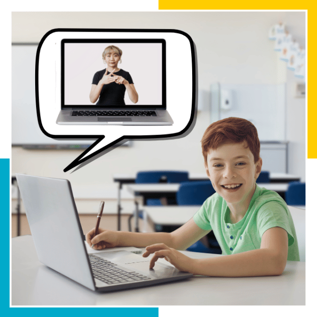 Smiling student learning online with a sign language interpreter on screen in classroom setting. Using the ASL Teaching Resources Online Sign Language services.