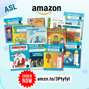 Graphic showing several Sign Language books and ASL resources with an Amazon order link