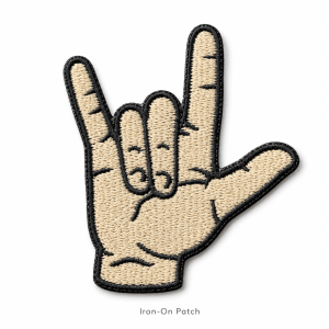 Alt Text: Sign Language I Love You iron-on patch with embroidered ASL hand sign