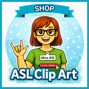 Cartoon teacher signing I love you with text that says Shop ASL Clip Art