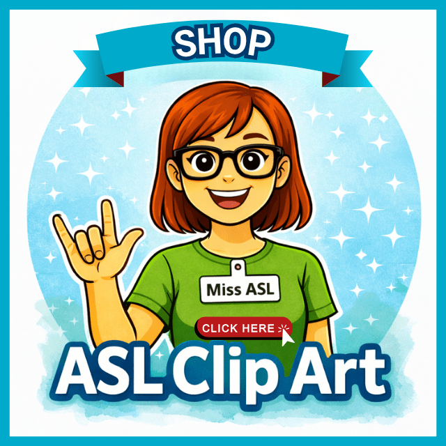 Cartoon teacher signing I love you with text that says Shop ASL Clip Art