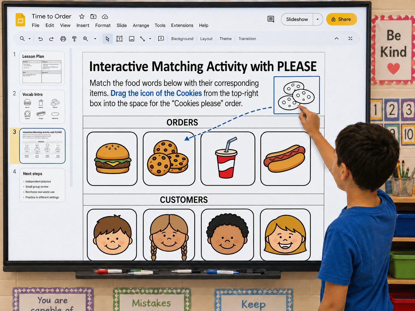 A boy in a blue shirt touches a large interactive classroom display showing a Google Slides activity titled “Interactive Matching Activity with PLEASE.” The slide features pictures of hamburgers, cookies, a drink, and a hot dog, with illustrated children's faces below. A dotted blue arrow shows a cookie image being moved into a matching box.
