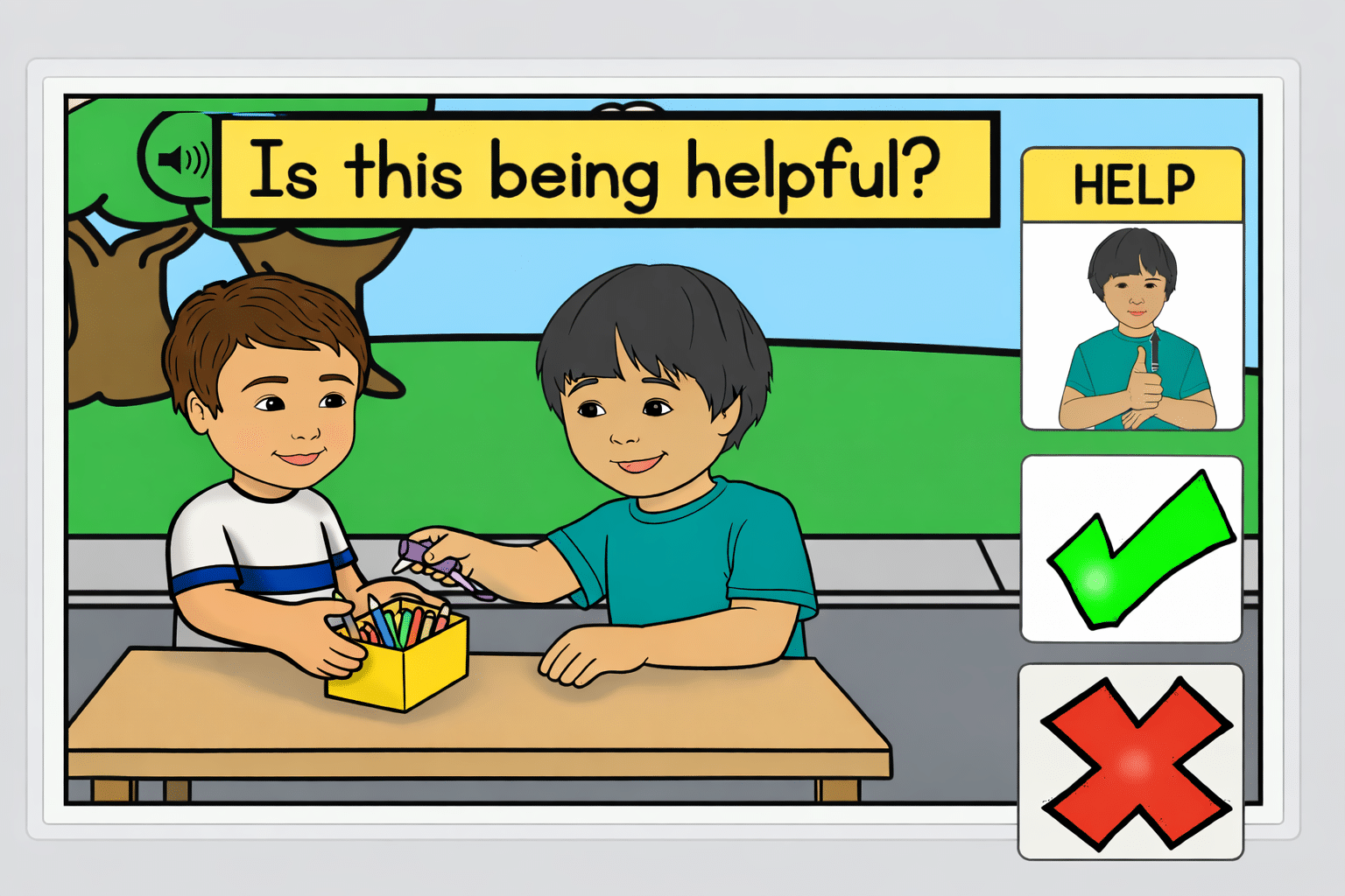 Illustrated digital learning activity showing two boys sharing colored pencils at a classroom table. A yellow banner asks, “Is this being helpful?” On the right, an ASL illustration labeled “HELP” appears above a green checkmark and red X for selecting an answer.