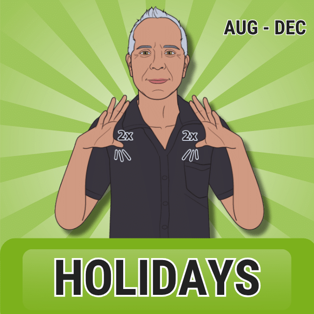 ASL holiday clip art category for August through December featuring an illustrated man signing HOLIDAYS in American Sign Language.